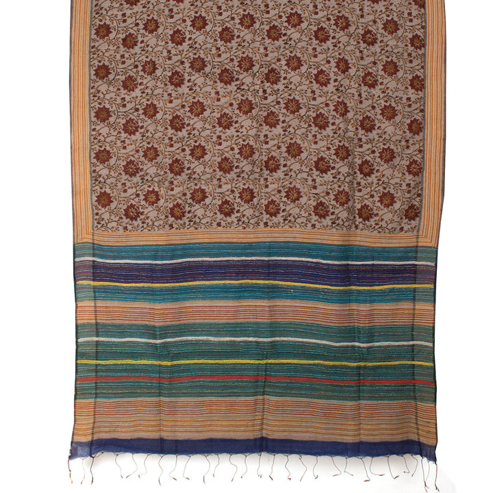 Hand Block Printed and Kantha Embroidered Matka Silk Saree 10057417
