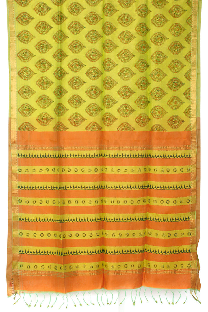 Lime Green Hand Block Printed Mangalgiri Silk Saree 10060273