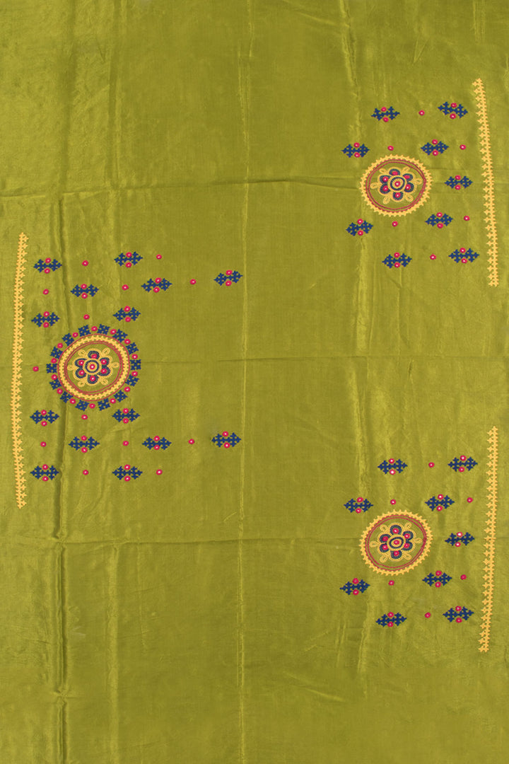 Pea-Green Rabari Embroidered Mashru Blouse Material 10059168