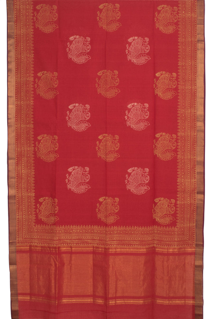 Tomato Red Hand Block Printed Mangalgiri Cotton Saree 10059350
