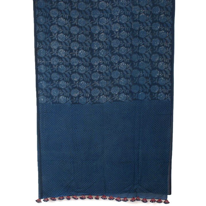 Hand Block Printed Indigo Cotton Saree 10054473