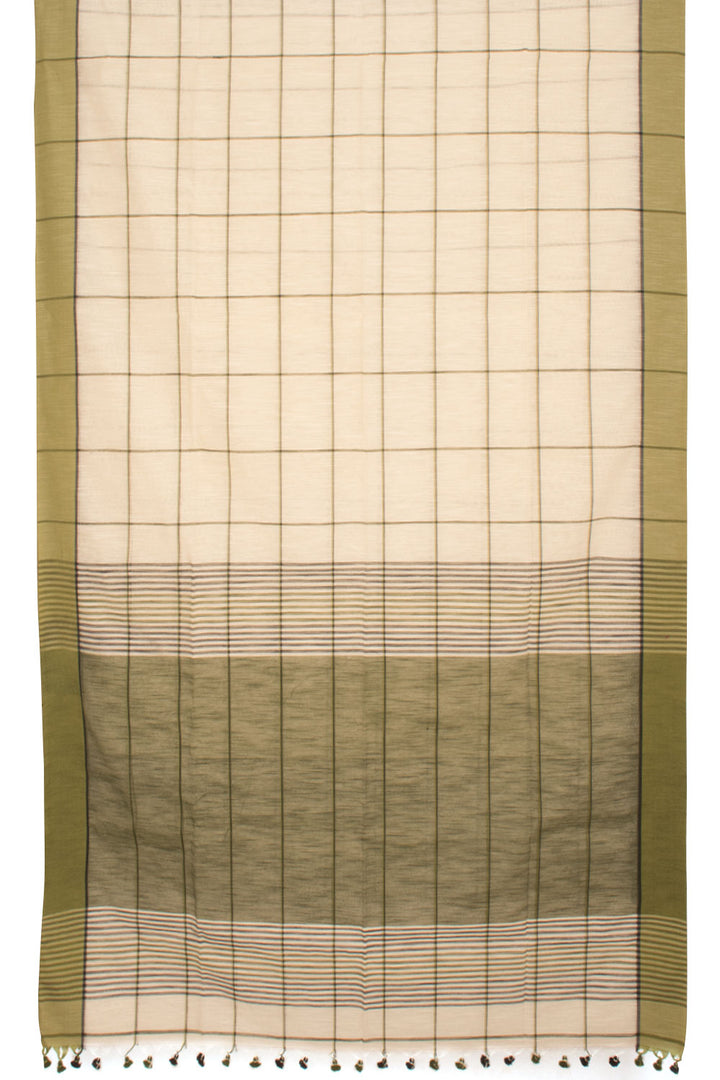 Off White & Olive Green Bengal Cotton Saree 10059339