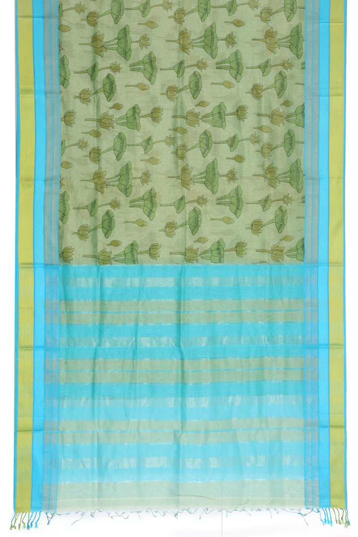 Light Green Hand Block Printed Maheshwari Silk Cotton Saree 10059488