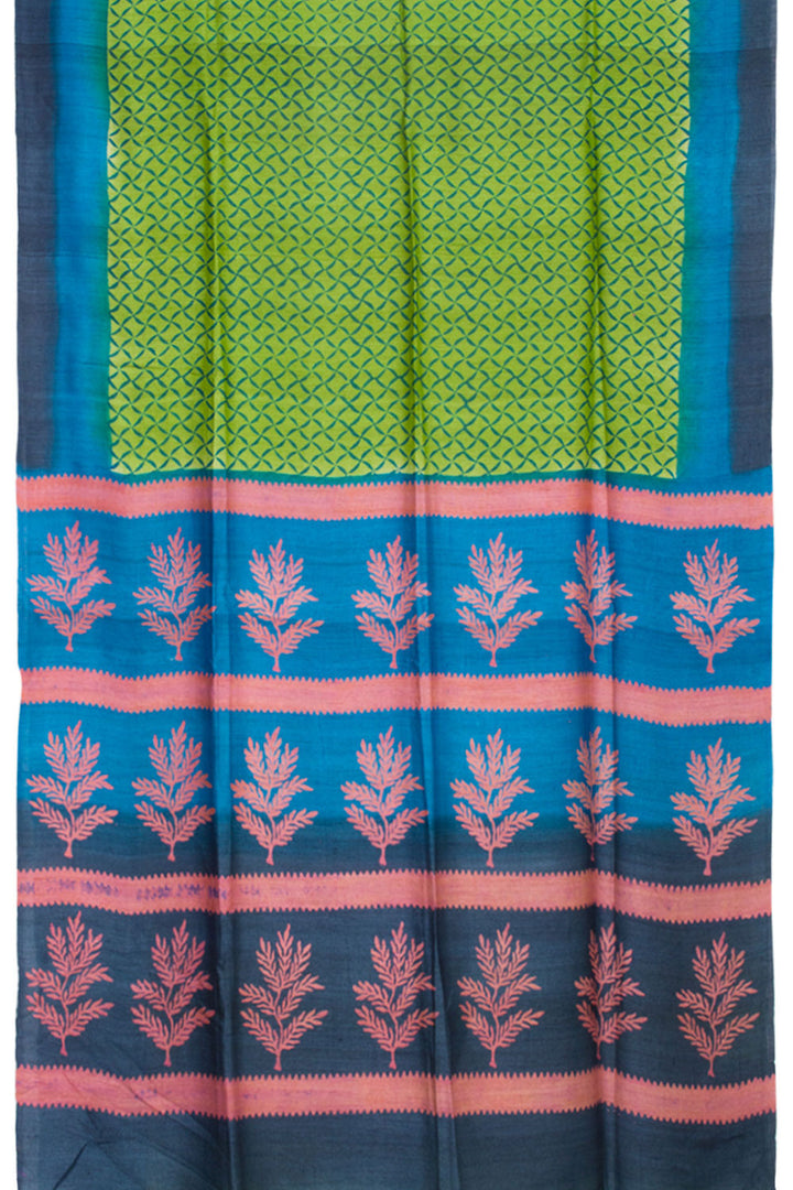 Green Hand Block Printed Tussar Silk Saree 10061849
