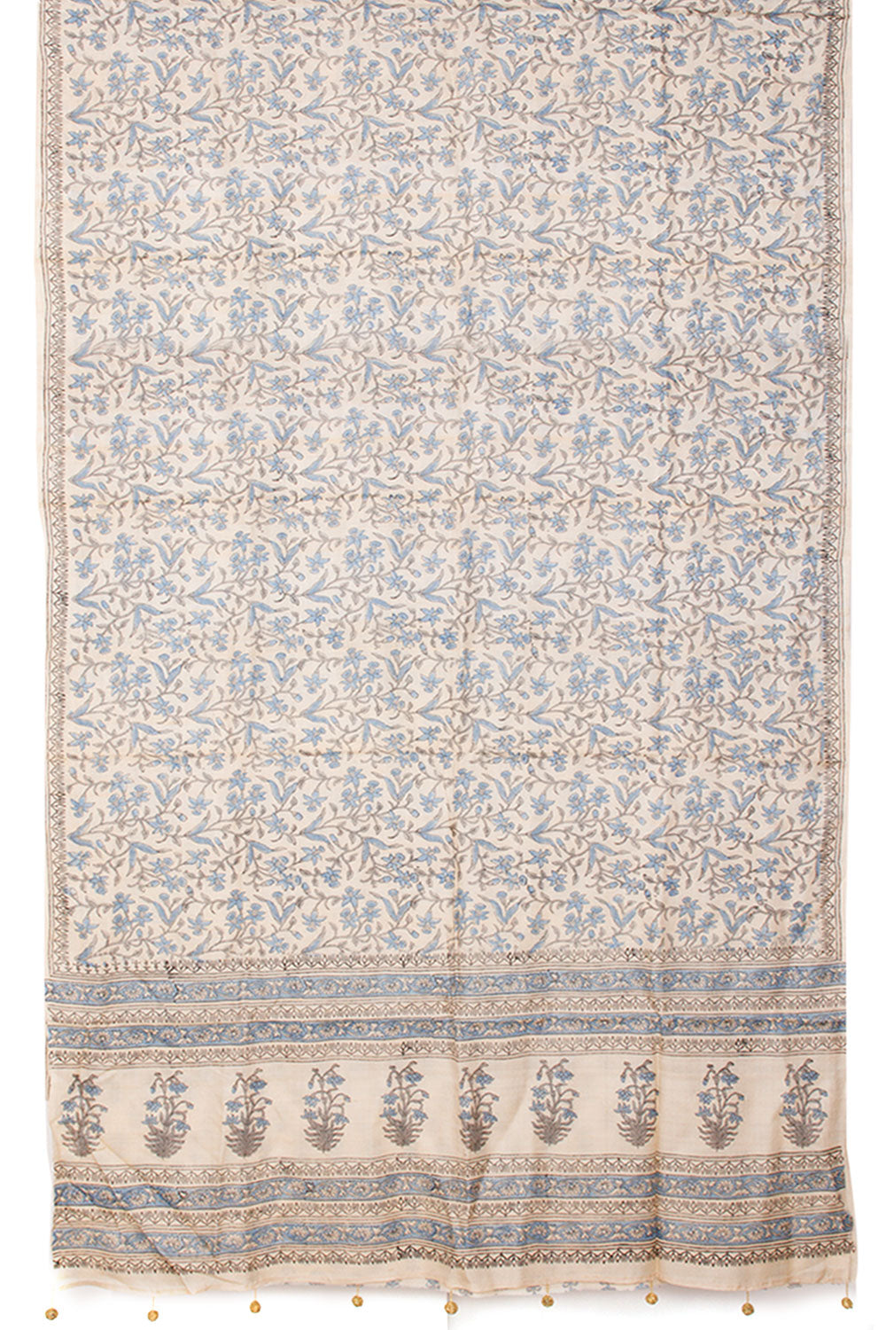 Off White Hand Block Printed Tussar Silk Saree 10059920