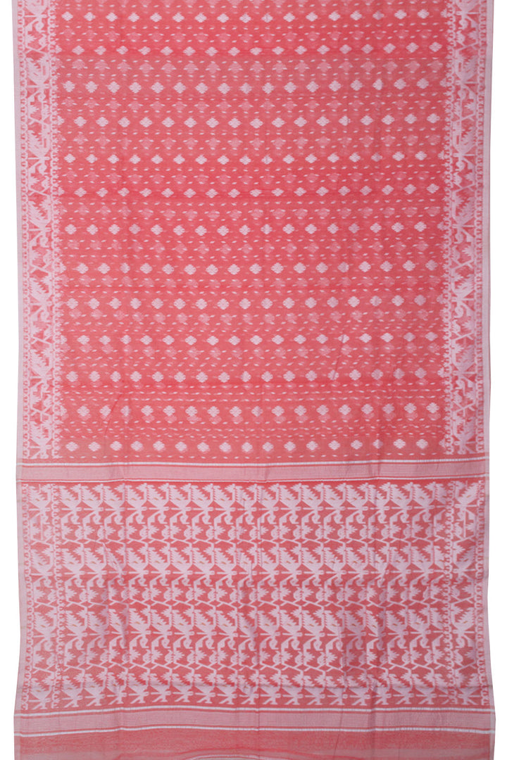 Light Coral Pink Handloom Jamdani Style Cotton Saree 10061443