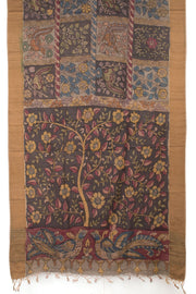 Elephant Grey Hand Painted Pen Kalamkari Tussar Silk Saree 10059457