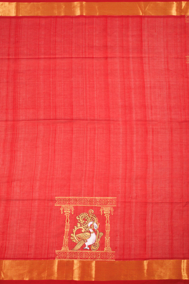 Dark Red Hand Block Printed Silk Cotton Saree 10060271
