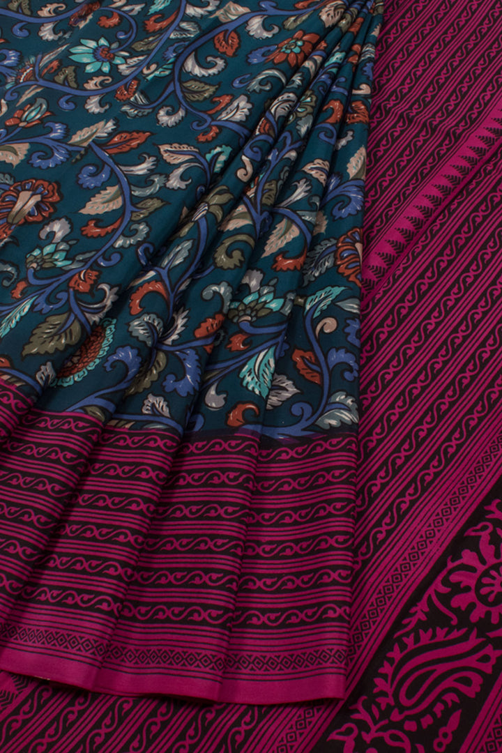 Teal Blue Printed Mysore Crepe Silk Saree 10059453