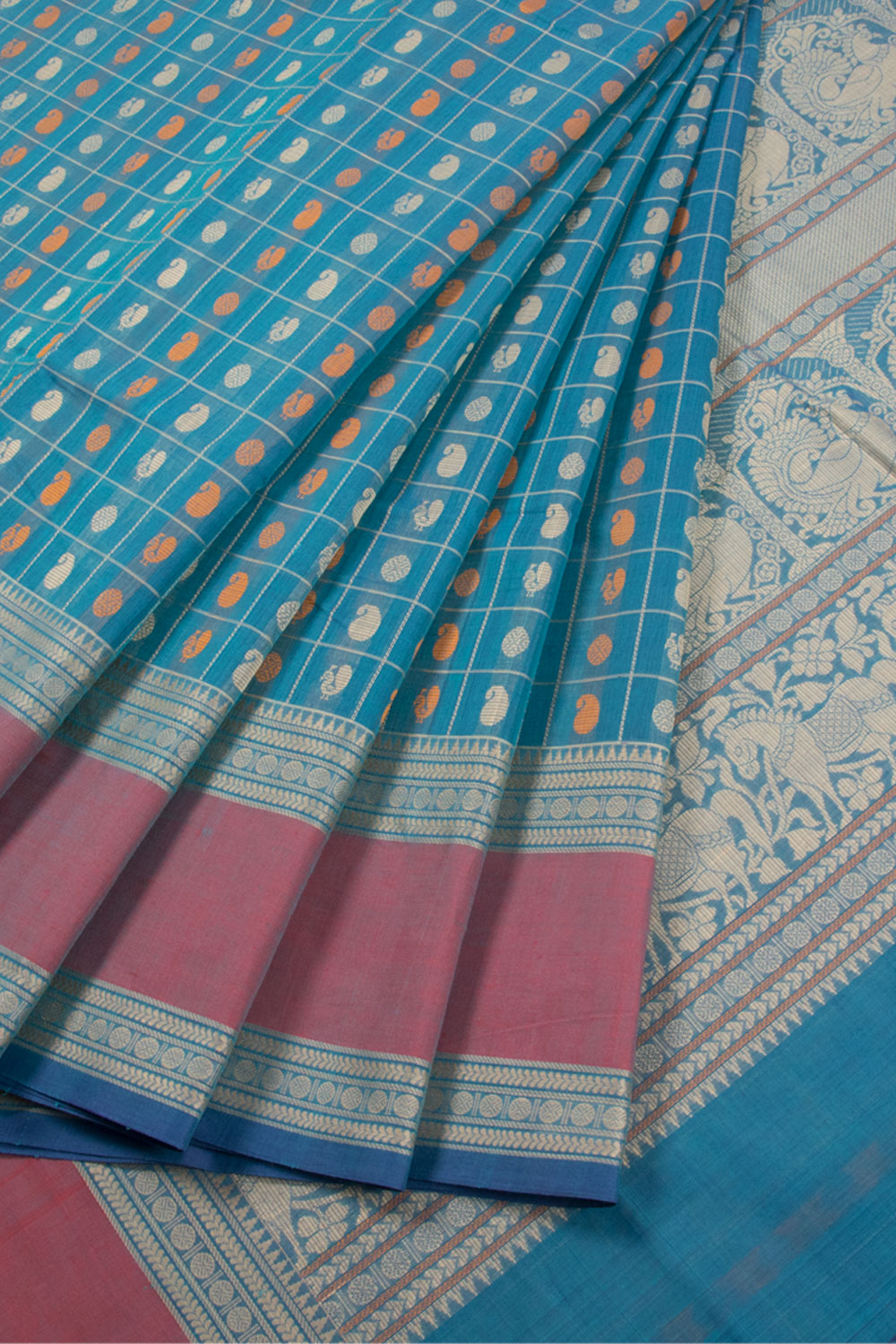 Bondi Blue Handwoven Kanchi Cotton Saree 10059973