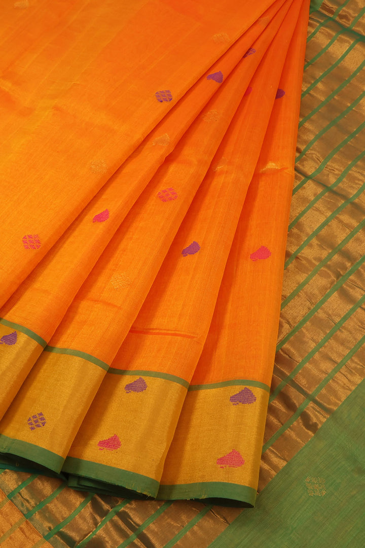 Sunset Orange Handwoven Silk Cotton Kora Butta Saree 10060188