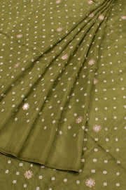 Olive Green Handcrafted Bandhani Mulberry Silk Saree 10059051