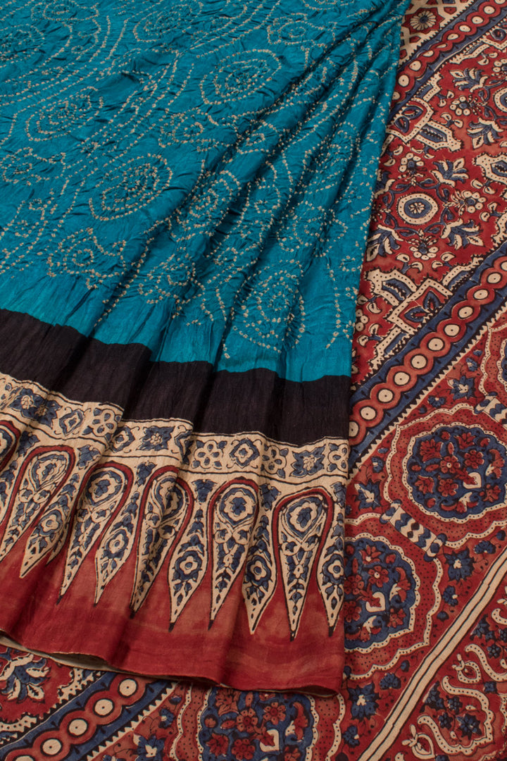 Mediterranean Blue Handcrafted Ajrakh Printed Bandhani Gajji Silk Saree 10059605