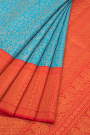 Ananda Blue Korvai Kanjivaram Pure Zari Handloom Silk Saree with Kodi Paravai Pattern and Contrast Chilli Red Border 10058738