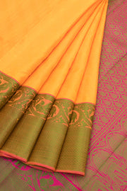 Saffron Yellow Threadwork Kanjivaram Silk Saree 10059197