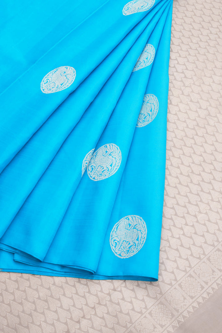 Deep Sky Blue Handloom Pure Zari Borderless Kanjivaram Silk Saree 10060004
