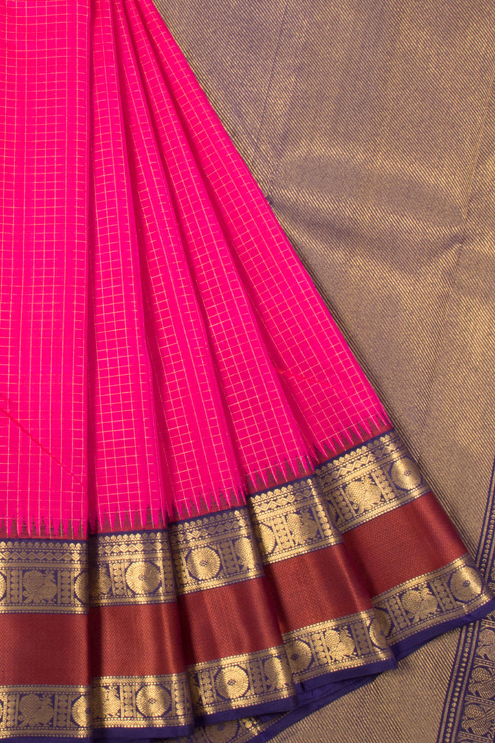 Handloom Pure Zari Pink Korvai Kanjivaram Silk Saree with Checks Design, Mayil Chakaram and Vanky Design Temple Border