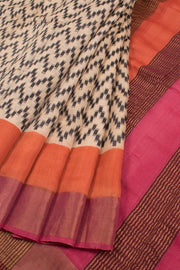 Beige and Black Hand Block Printed Tussar Silk Saree 10059324