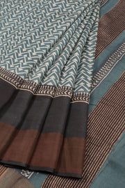 Lead Blue Hand Block Printed Tussar Silk Saree 10059326