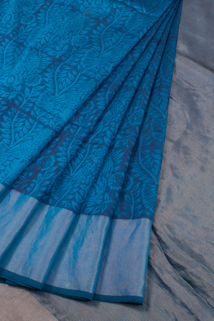 Sapphire Blue Printed Maheshwari Mulberry Silk Saree 10059555