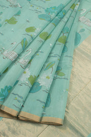 Aqua Green Printed Chanderi Silk Cotton Saree 10059690