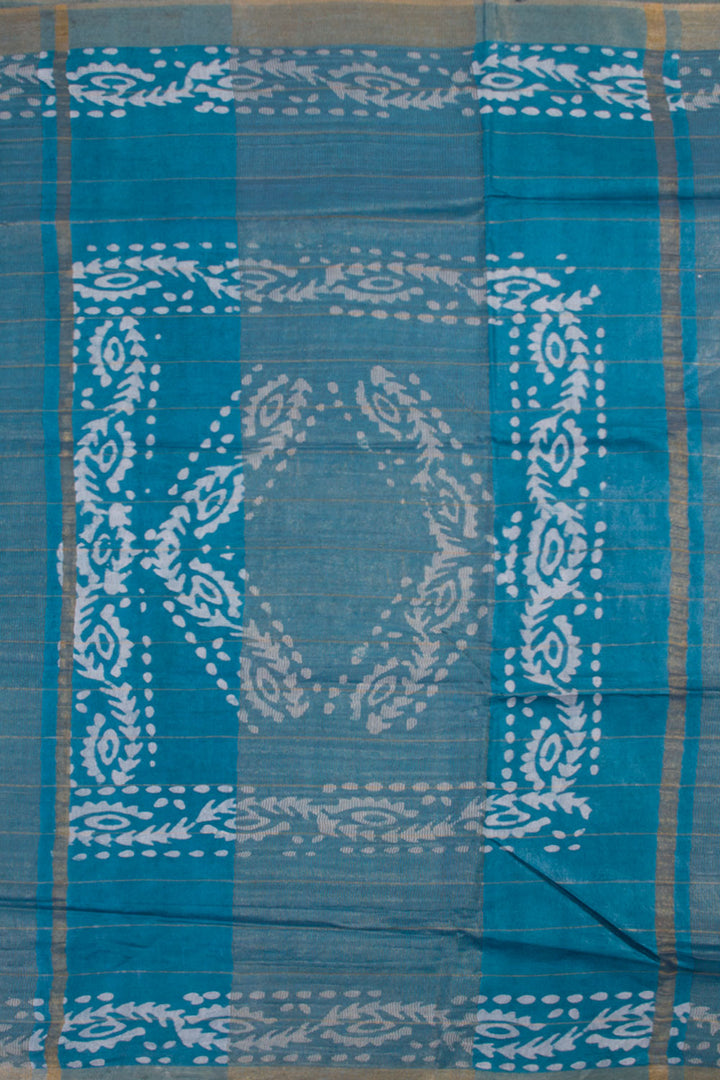 Ceruelean Blue Batik Printed Linen Cotton Saree 10061915