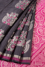 Deep Grey Chhattisgarh Meenakari Tussar Silk Saree 10059719