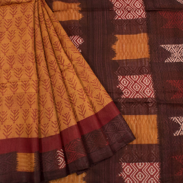 Hand Block Printed Tussar Silk Saree With Geometric Patterns