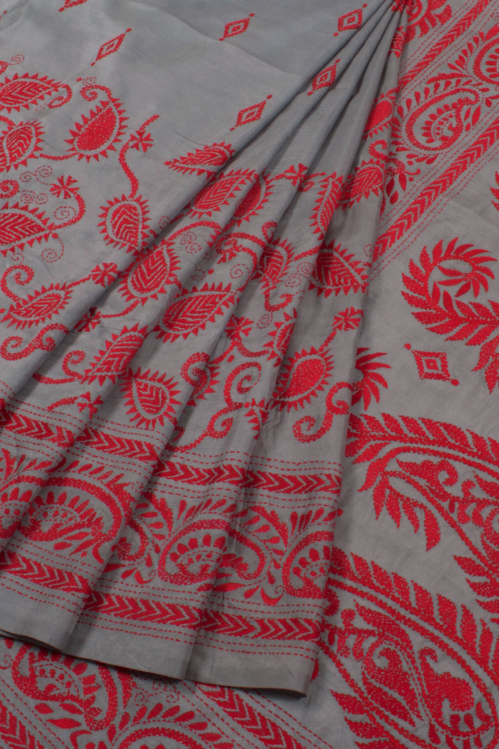 Half and Half Kantha Embroidered Silk Saree 10058462
