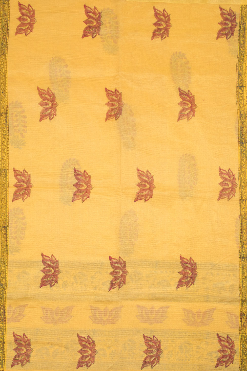 Yellow Hand Block Printed Kota Doria Cotton Saree 10059923