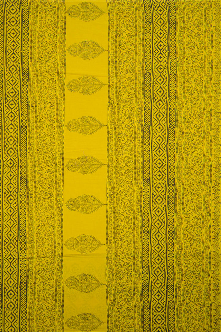 Mustard Yelow Hand Block Printed Mulmul Cotton Saree 10062274