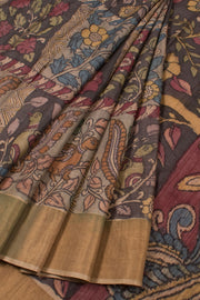 Elephant Grey Hand Painted Pen Kalamkari Tussar Silk Saree 10059457