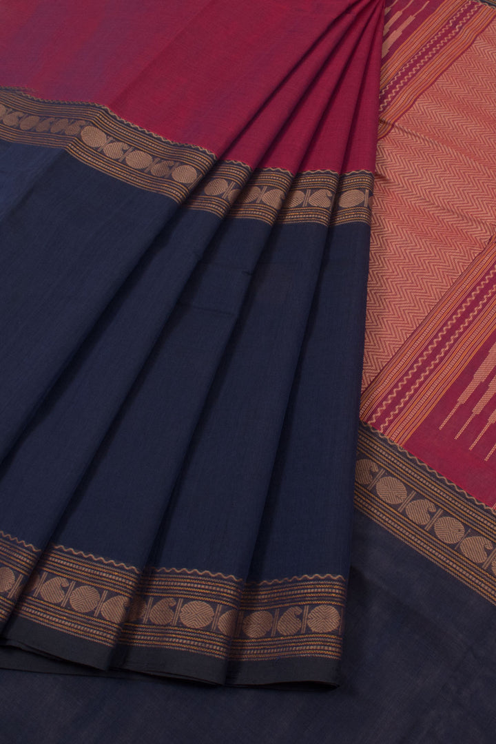 Navy Blue Handloom Muppagam Kanchi Cotton Saree 10059552