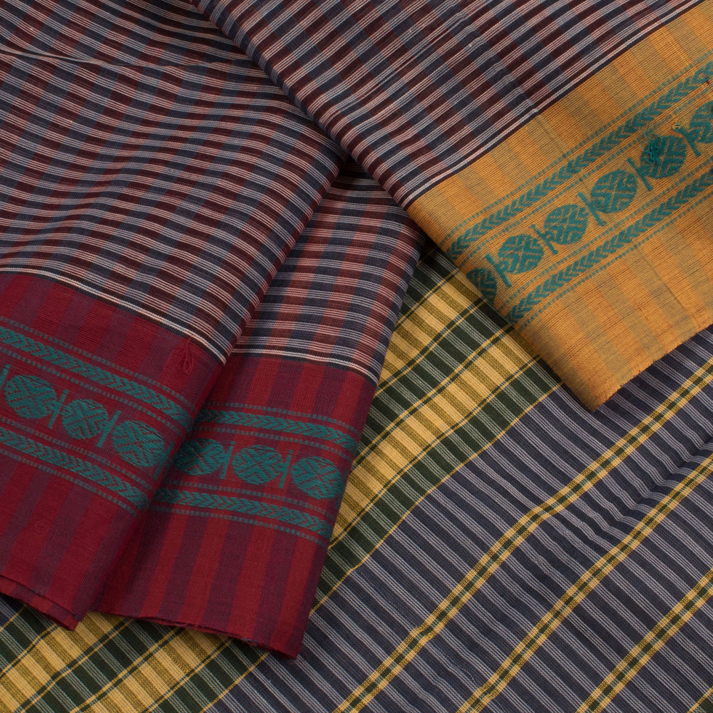 Handloom Narayanpet Cotton Saree with Stripes Design and Ganga Jamuna Border
