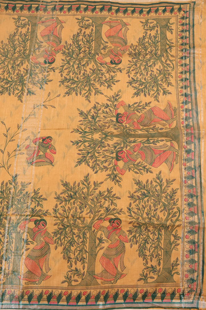 Beige Printed Madhubani Tussar Silk Saree 10060219