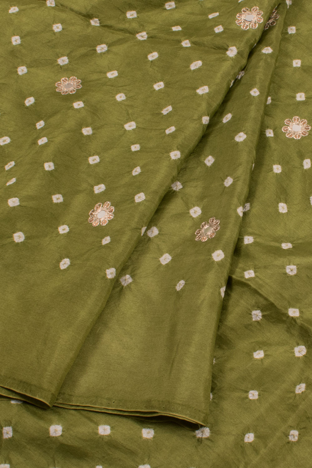 Olive Green Handcrafted Bandhani Mulberry Silk Saree 10059051