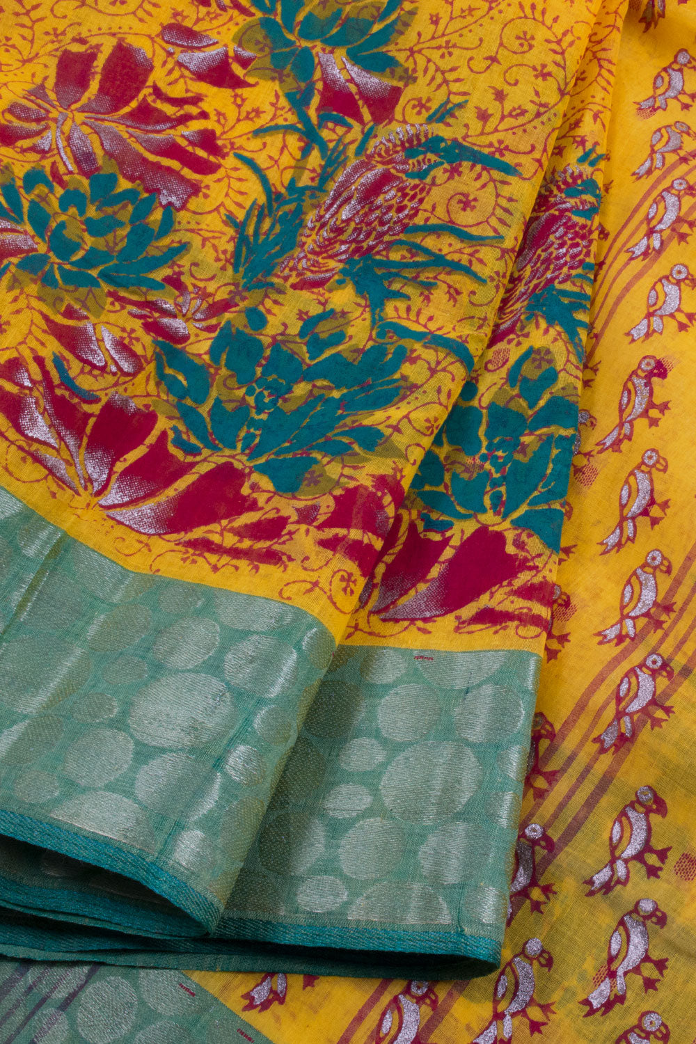Yellow Hand Block Printed Cotton Saree 10060355