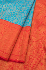 Ananda Blue Korvai Kanjivaram Pure Zari Handloom Silk Saree with Kodi Paravai Pattern and Contrast Chilli Red Border 10058738