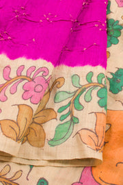 Magenta Pen Kalamkari Bandhani Tussar Silk Saree 10060137