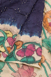 Navy Blue Pen Kalamkari Bandhani Tussar Silk Saree 10060139