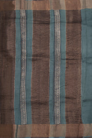 Lead Blue Hand Block Printed Tussar Silk Saree 10059326