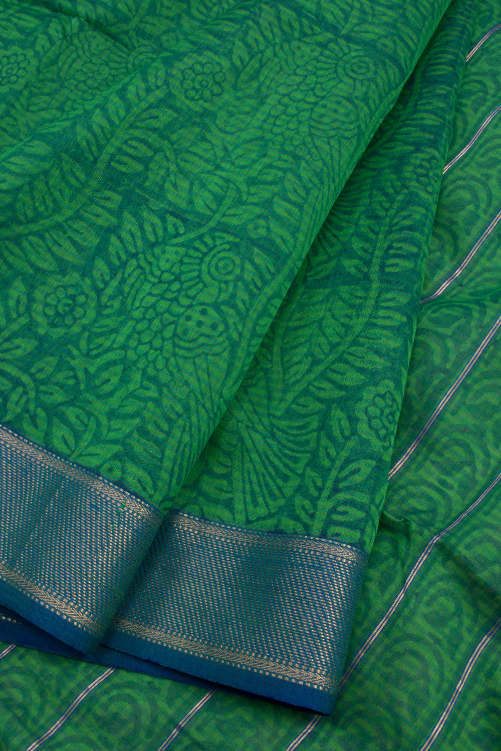 Green Hand Block Printed Maheshwari Silk Cotton Saree 10060999