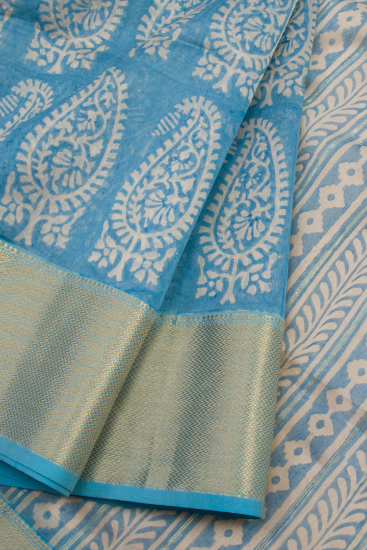 Blue Discharge Printed Maheshwari Silk Cotton Saree 10061012