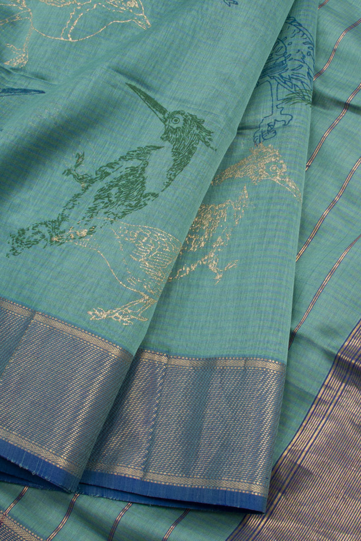 Green Hand Block Printed Maheshwari Silk Cotton Saree 10061023