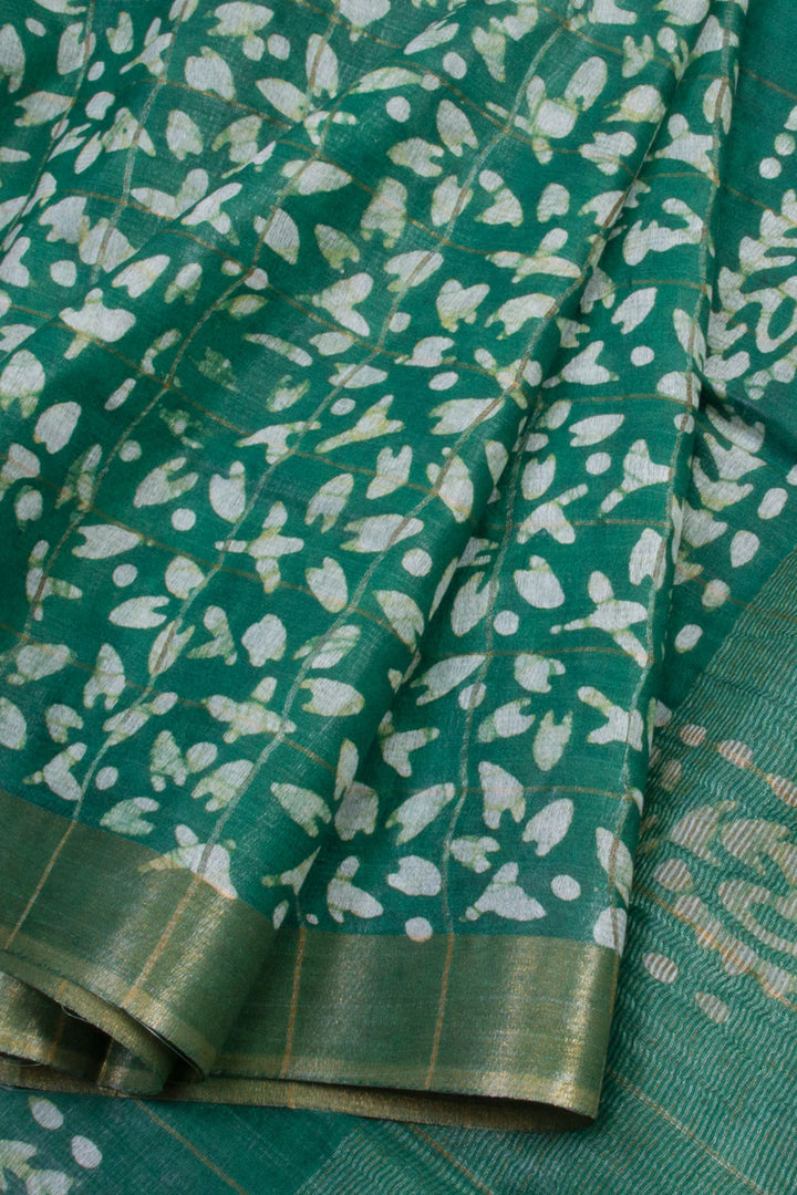 Green Batik Printed Linen Cotton Saree 10061908