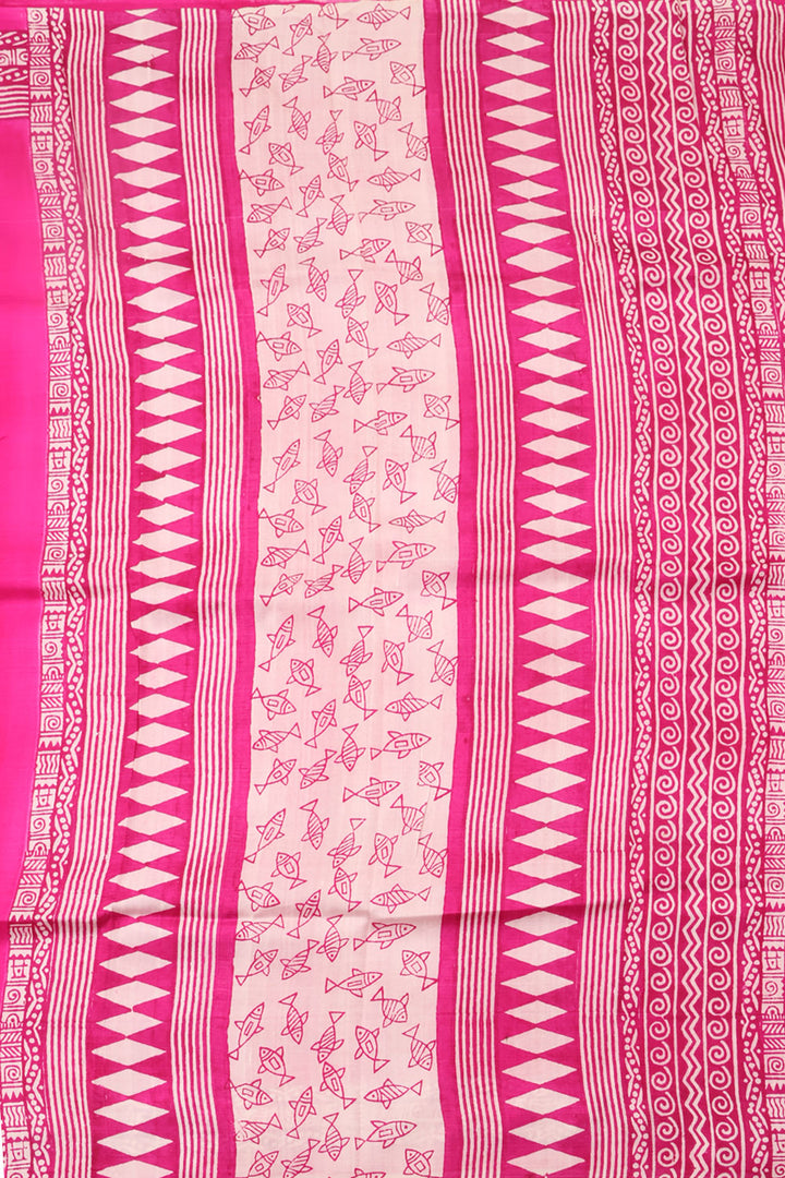 Ivory Hand Block Printed Murshidabad Silk Saree 10059487