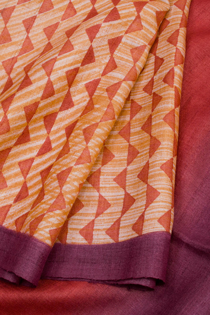 Orange Hand Block Printed Tussar Silk Saree 10061834