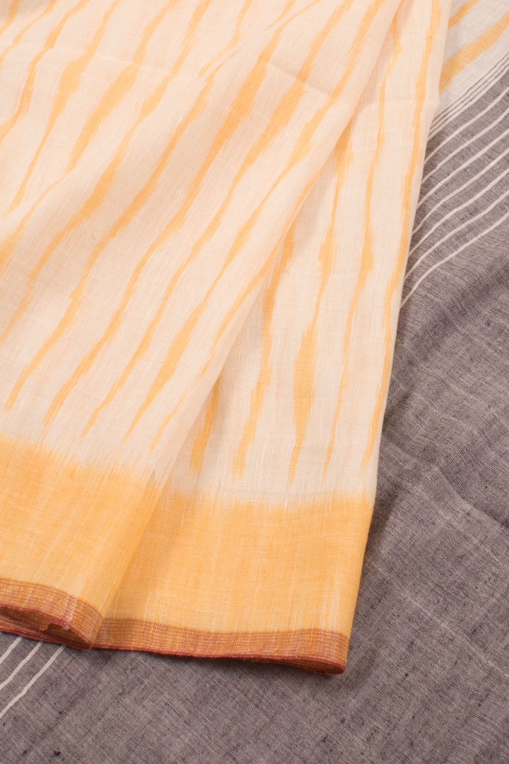 Pastel Yellow Linen Ikat Cotton Saree with Stripes Design 10059414