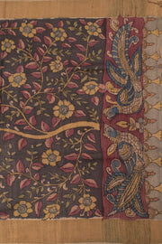 Elephant Grey Hand Painted Pen Kalamkari Tussar Silk Saree 10059457