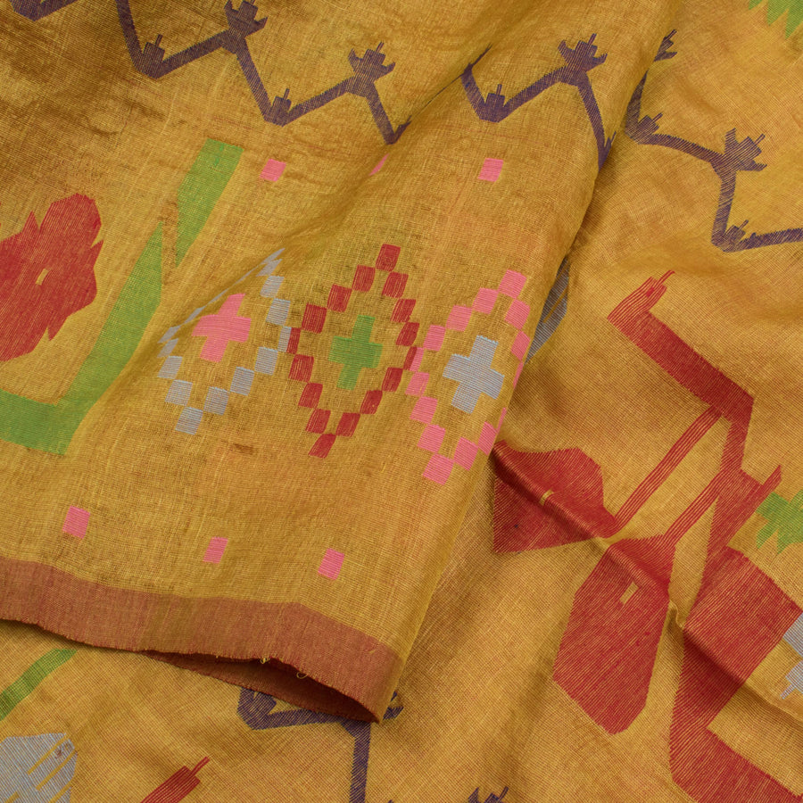 Handwoven Jamdani Tussar Silk Saree with Polka Dot, Geometric Motifs